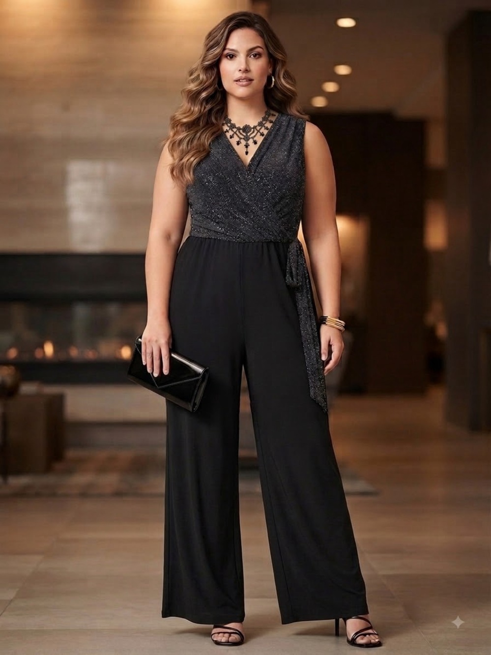 Tiana B Black Faux-Wrap Romper Jumpsuit XL Glitter Metallic Style # T94767